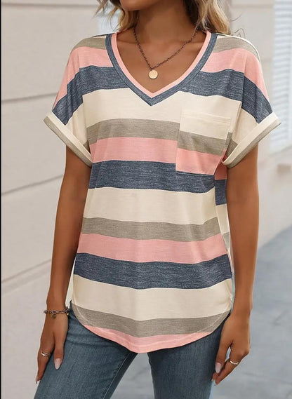 Striped V-Neck Pocket T-Shirt