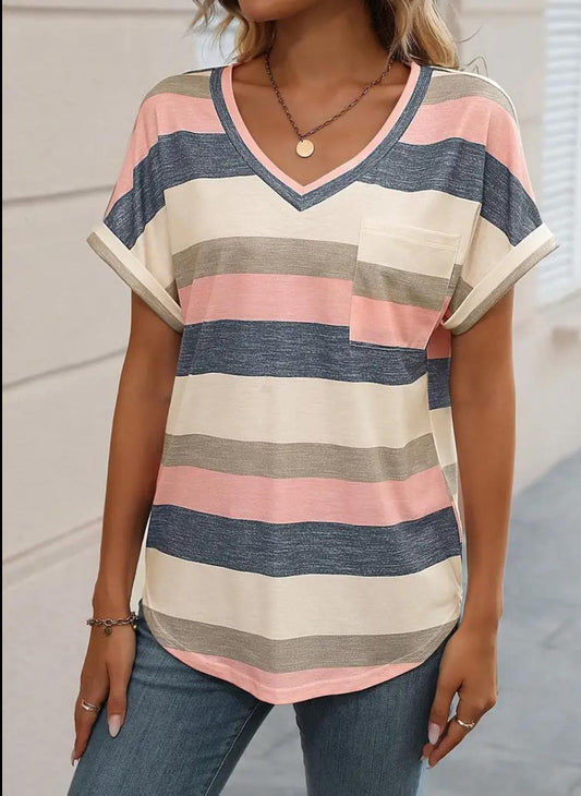 Striped V-Neck Pocket T-Shirt